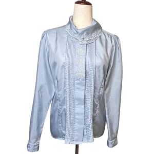Vintage Nicola Blue Long Sleeve Embroidered Pintuck High Neck Blouse 80s Size 10